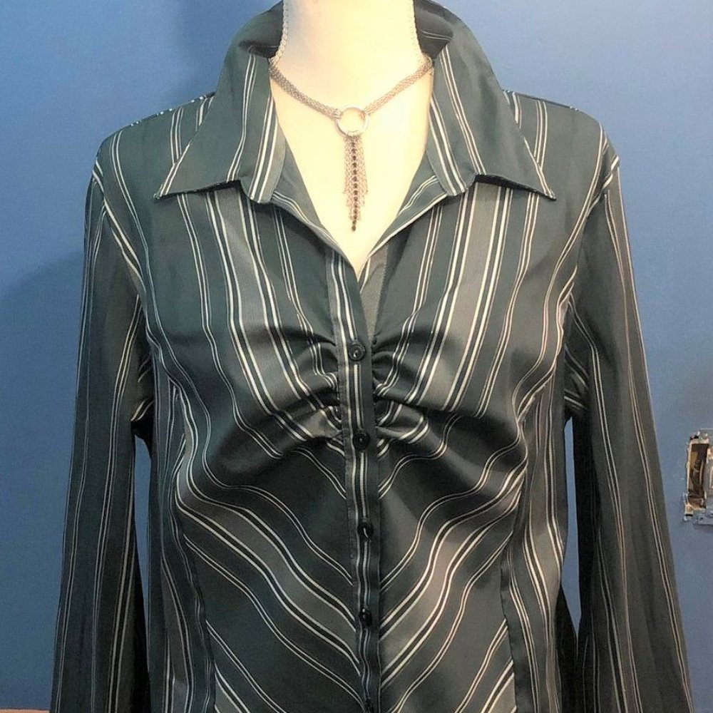 Metallic Striped Blouse ~ Long Sleeves ~ Collared ~ Forest Green ~ Button Front